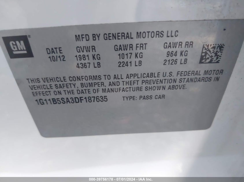 2013 Chevrolet Malibu 1Ls VIN: 1G11B5SA3DF187635 Lot: 39756178