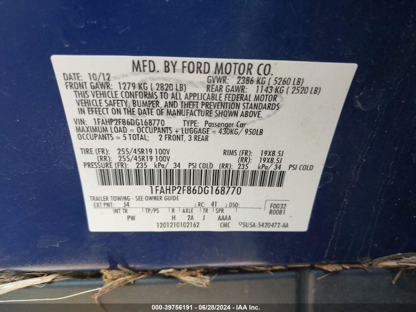 2013 Ford Taurus Limited VIN: 1FAHP2F86DG168770 Lot: 39756191