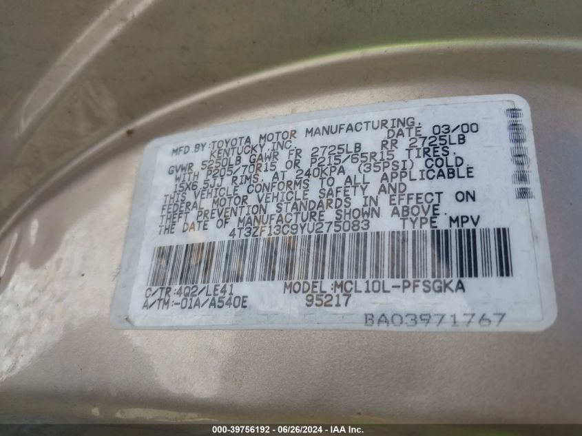 2000 Toyota Sienna Xle VIN: 4T3ZF13C9YU275083 Lot: 39756192