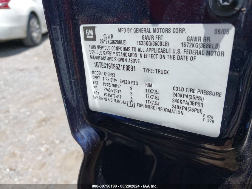 2006 GMC Sierra 1500 Sle2 VIN: 1GTEC19T86Z160891 Lot: 39756199