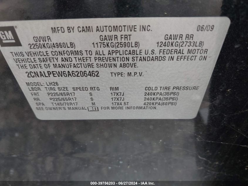 2010 Chevrolet Equinox Lt VIN: 2CNALPEW6A6206462 Lot: 39756203