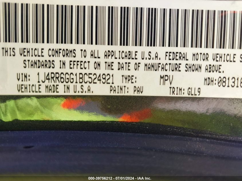 2011 Jeep Grand Cherokee Overland VIN: 1J4RR6GG1BC524921 Lot: 39756212