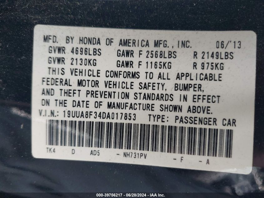 2013 Acura Tl 3.5 Special Edition VIN: 19UUA8F34DA017853 Lot: 39756217