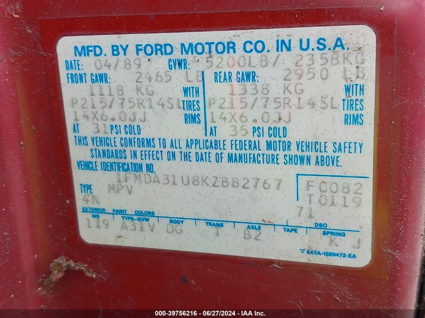 1989 Ford Aerostar VIN: 1FMDA31U8KZB82767 Lot: 39756216