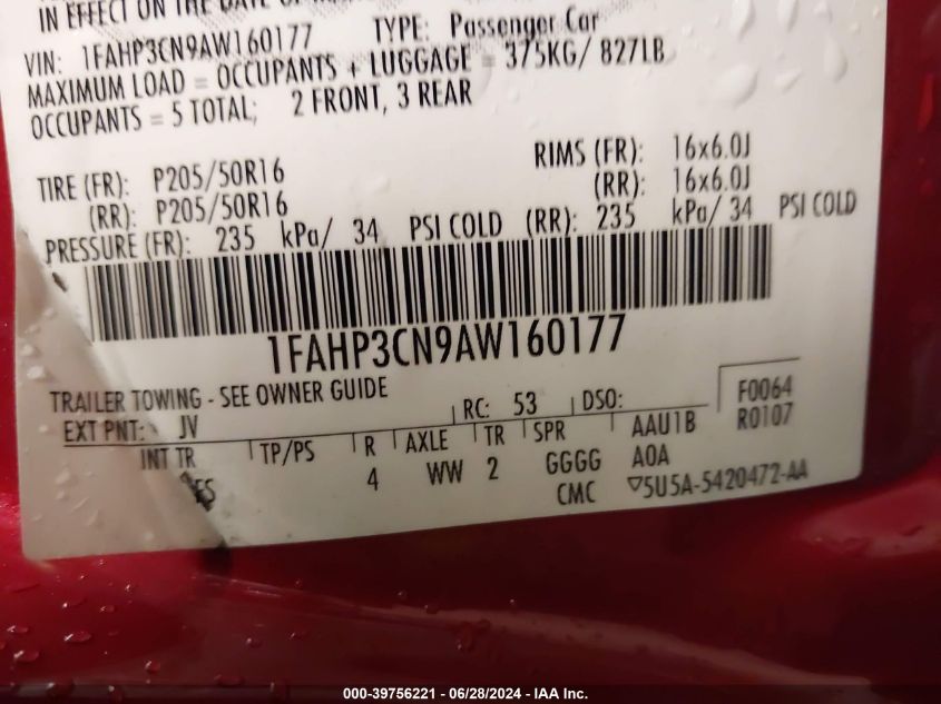 2010 Ford Focus Se VIN: 1FAHP3CN9AW160177 Lot: 39756221