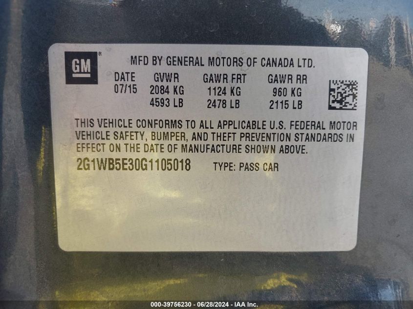 2016 Chevrolet Impala Limited Lt VIN: 2G1WB5E30G1105018 Lot: 39756230