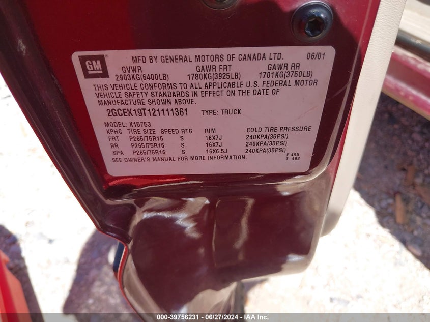 2002 Chevrolet Silverado 1500 Ls VIN: 2GCEK19T121111361 Lot: 39756231