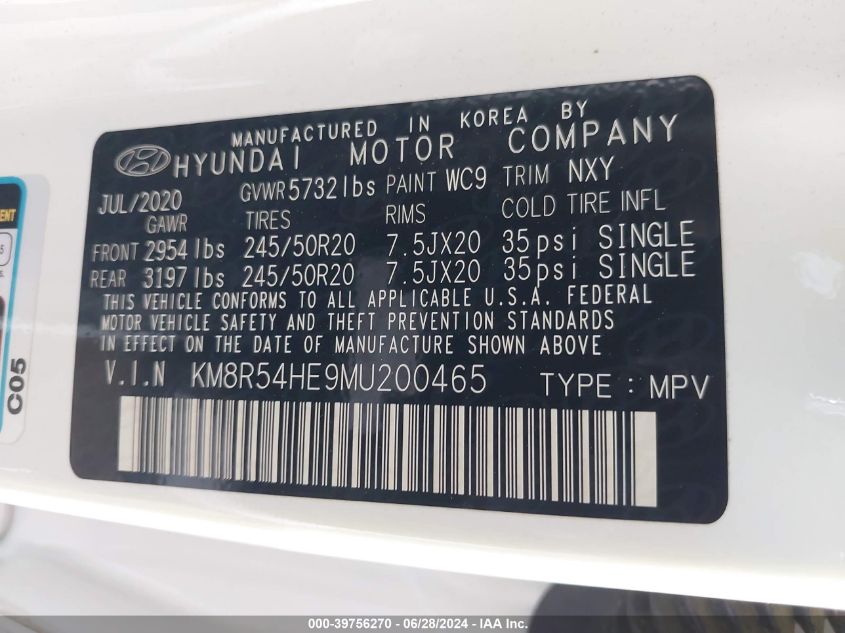 2021 Hyundai Palisade Limited VIN: KM8R54HE9MU200465 Lot: 39756270