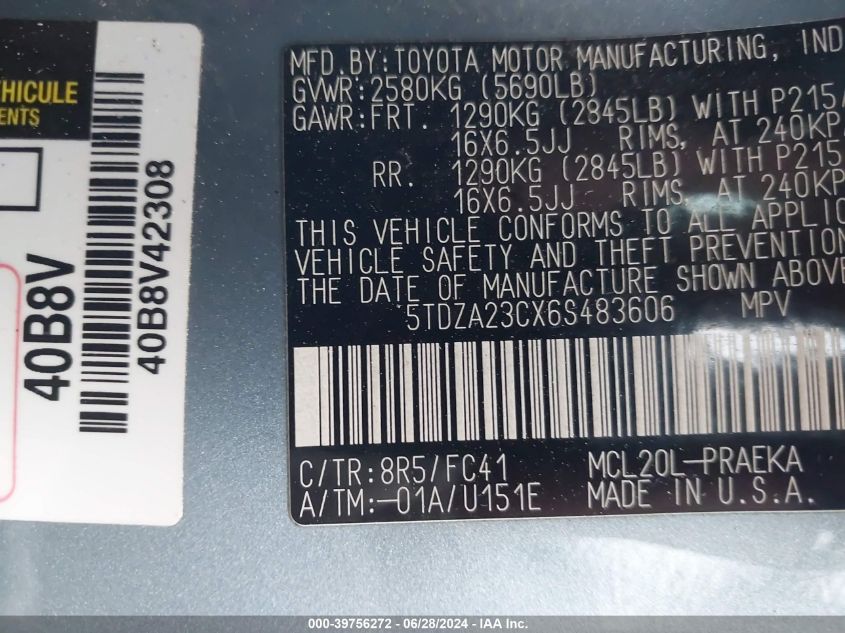 2006 Toyota Sienna Le VIN: 5TDZA23CX6S483606 Lot: 39756272