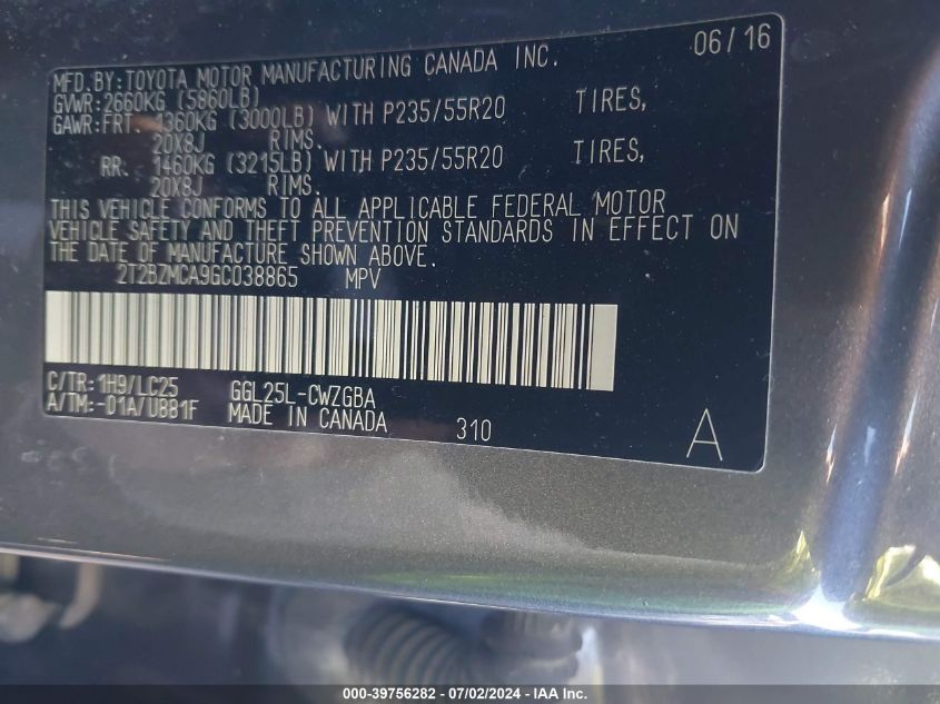 2016 Lexus Rx 350 F Sport VIN: 2T2BZMCA9GC038865 Lot: 39756282