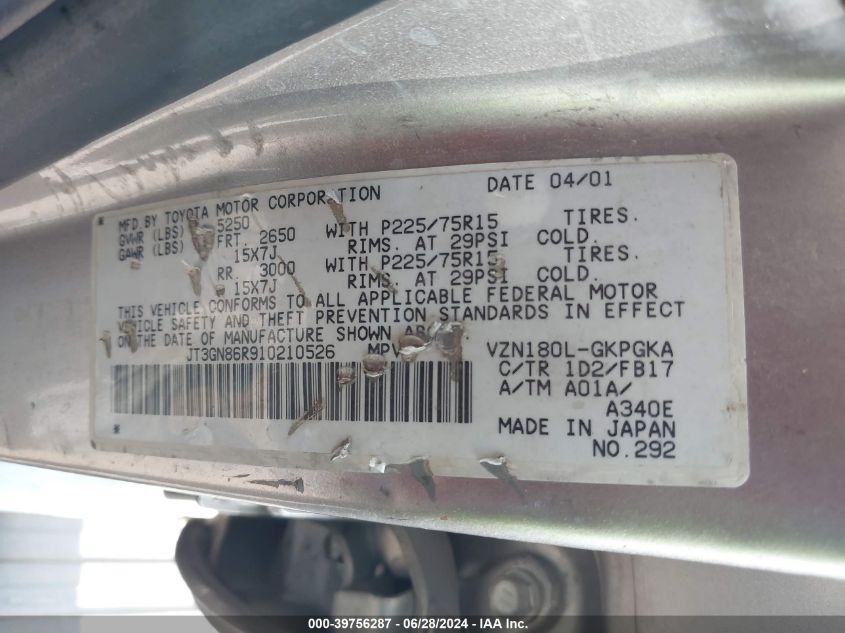 2001 Toyota 4Runner Sr5 V6 VIN: JT3GN86R910210526 Lot: 39756287