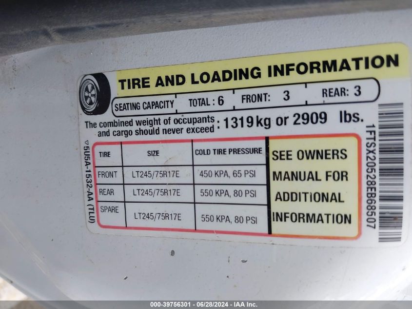 2008 Ford F-250 Lariat/Xl/Xlt VIN: 1FTSX20528EB68507 Lot: 39756301