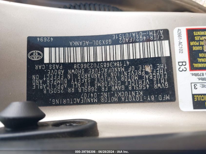 2007 Toyota Avalon Xl VIN: 4T1BK36B57U236638 Lot: 39756306