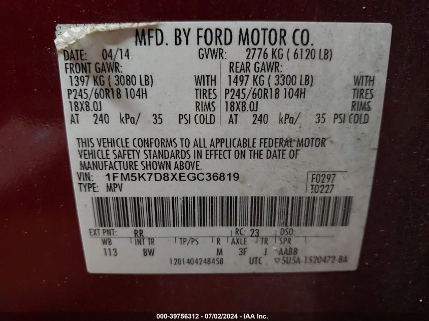 2014 Ford Explorer Xlt VIN: 1FM5K7D8XEGC36819 Lot: 39756312