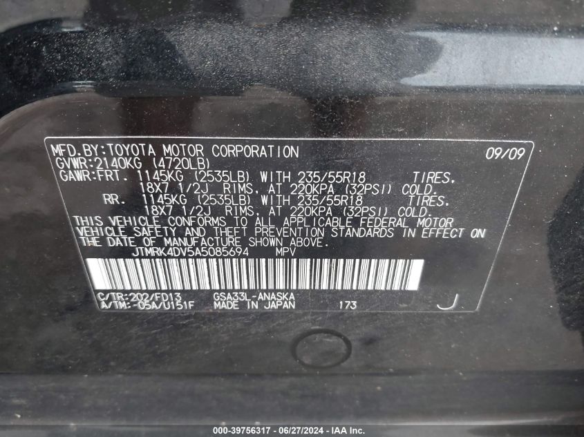 2010 Toyota Rav4 Sport V6 VIN: JTMRK4DV5A5085694 Lot: 39756317