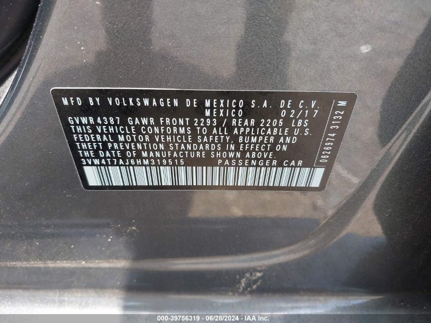 2017 Volkswagen Jetta Gli VIN: 3VW4T7AJ6HM319515 Lot: 39756319