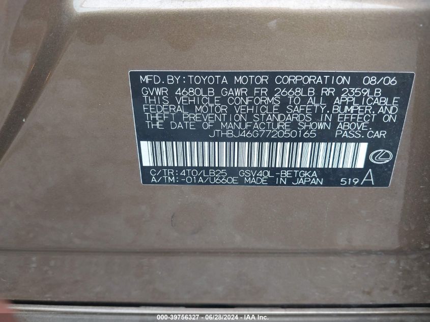 2007 Lexus Es 350 VIN: JTHBJ46G772050165 Lot: 39756327