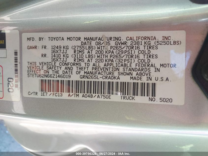 2006 Toyota Tacoma Prerunner V6 VIN: 5TETU62N66Z146019 Lot: 39756328