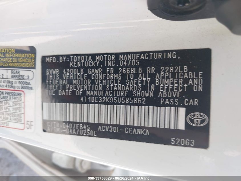 2005 Toyota Camry Le VIN: 4T1BE32K95U585862 Lot: 39756329