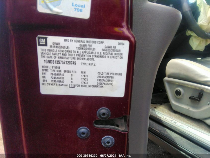 2005 Chevrolet Trailblazer Ls VIN: 1GNDS13S752120749 Lot: 39756330