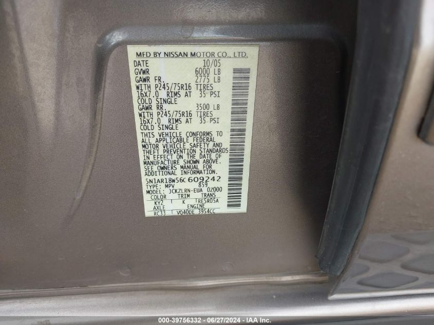 2006 Nissan Pathfinder S VIN: 5N1AR18W56C609242 Lot: 39756332