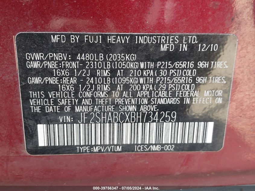 2011 Subaru Forester 2.5X VIN: JF2SHABCXBH734259 Lot: 39756347