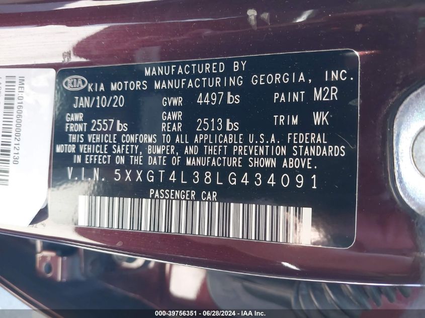 2020 Kia Optima Lx VIN: 5XXGT4L38LG434091 Lot: 39756351
