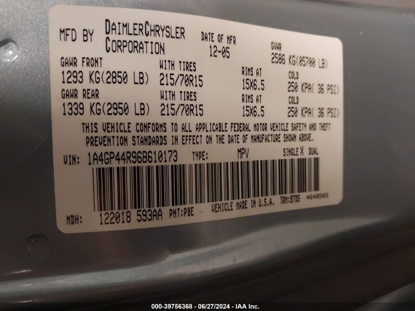 2006 Chrysler Town & Country Lx VIN: 1A4GP44R96B610173 Lot: 39756368