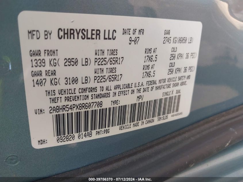 2008 Chrysler Town & Country Touring VIN: 2A8HR54PX8R607708 Lot: 39756370