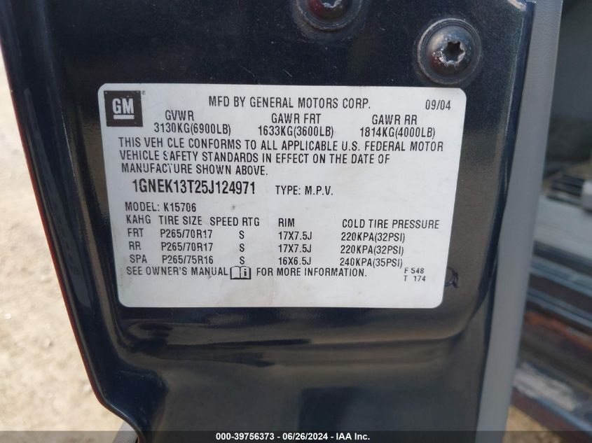 2005 Chevrolet Tahoe Lt VIN: 1GNEK13T25J124971 Lot: 39756373