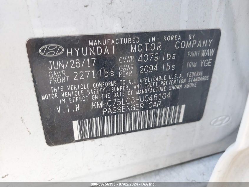 2017 Hyundai Ioniq Hybrid Sel VIN: KMHC75LC3HU048104 Lot: 39756393