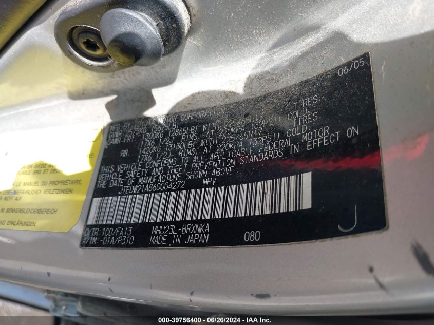 2006 Toyota Highlander Hybrid V6 VIN: JTEDW21A860004272 Lot: 39756400