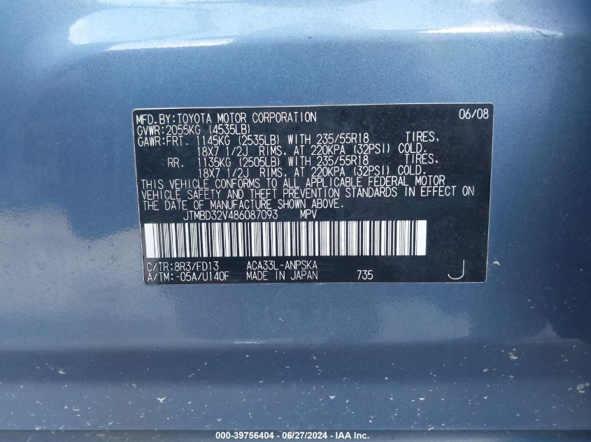 2008 Toyota Rav4 Sport VIN: JTMBD32V486087093 Lot: 39756404