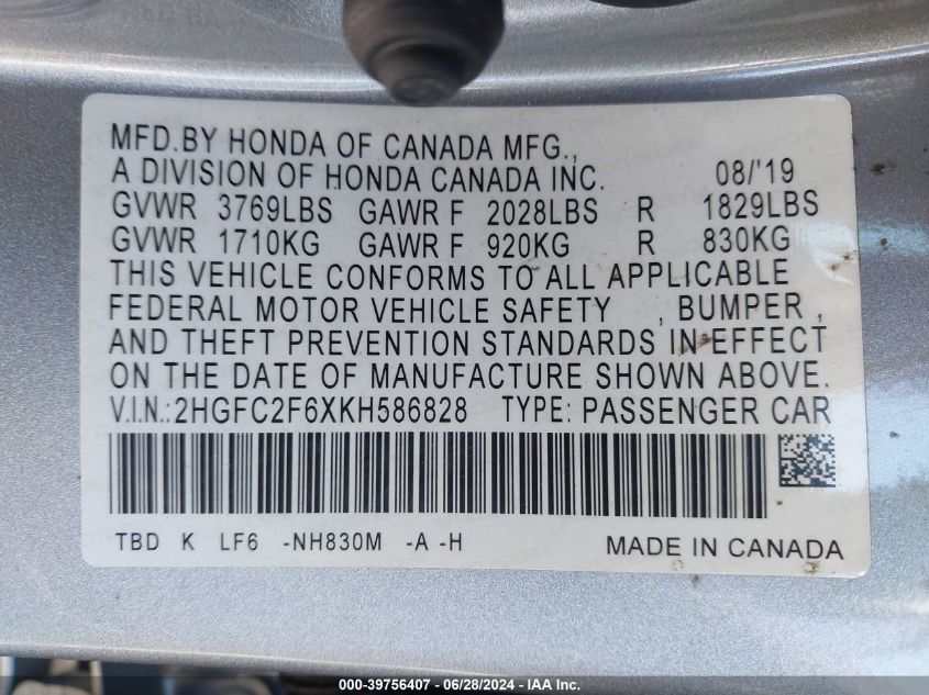 2019 Honda Civic Lx VIN: 2HGFC2F6XKH586828 Lot: 39756407