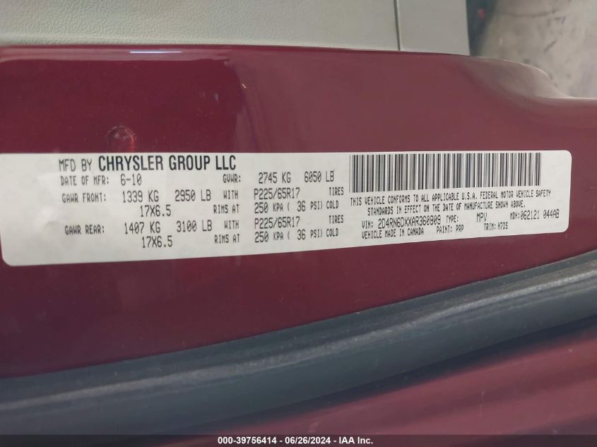 2010 Dodge Grand Caravan Crew VIN: 2D4RN6DXXAR360809 Lot: 39756414