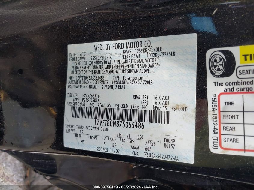 2007 Ford Mustang V6 Deluxe/V6 Premium VIN: 1ZVFT80N875355486 Lot: 39756419