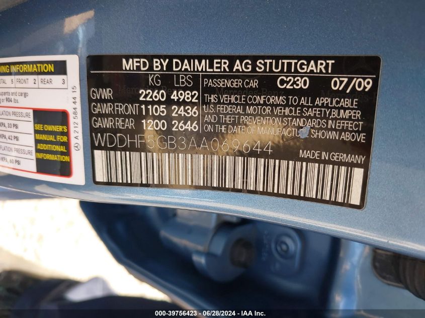 2010 Mercedes-Benz E 350 VIN: WDDHF5GB3AA069644 Lot: 39756423