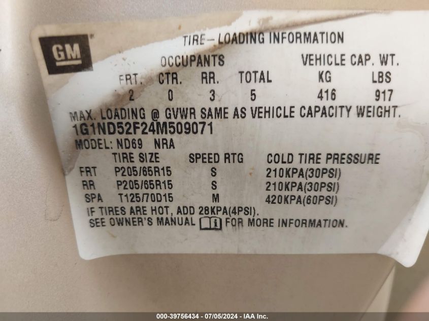 2004 Chevrolet Classic VIN: 1G1ND52F24M509071 Lot: 39756434