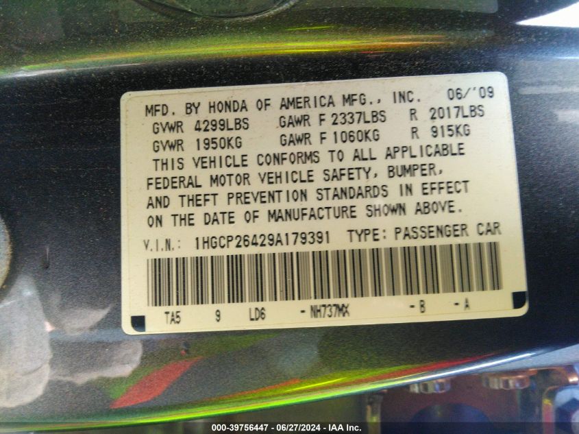 2009 Honda Accord Lxp VIN: 1HGCP26429A179391 Lot: 39756447
