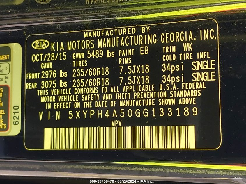 2016 Kia Sorento 3.3L Ex VIN: 5XYPH4A50GG133189 Lot: 39756470