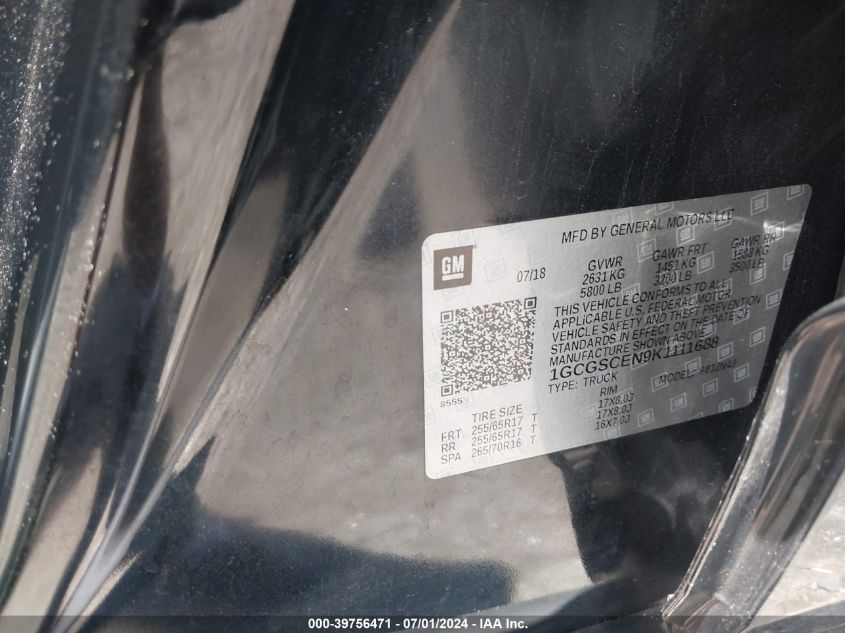 2019 Chevrolet Colorado Lt VIN: 1GCGSCEN9K1111688 Lot: 39756471