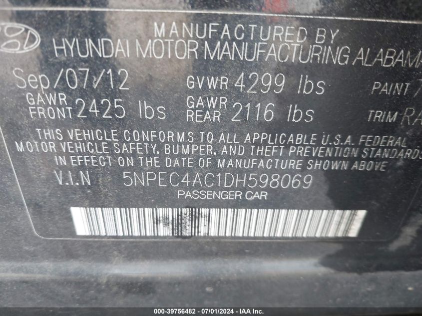 2013 Hyundai Sonata Limited VIN: 5NPEC4AC1DH598069 Lot: 39756482