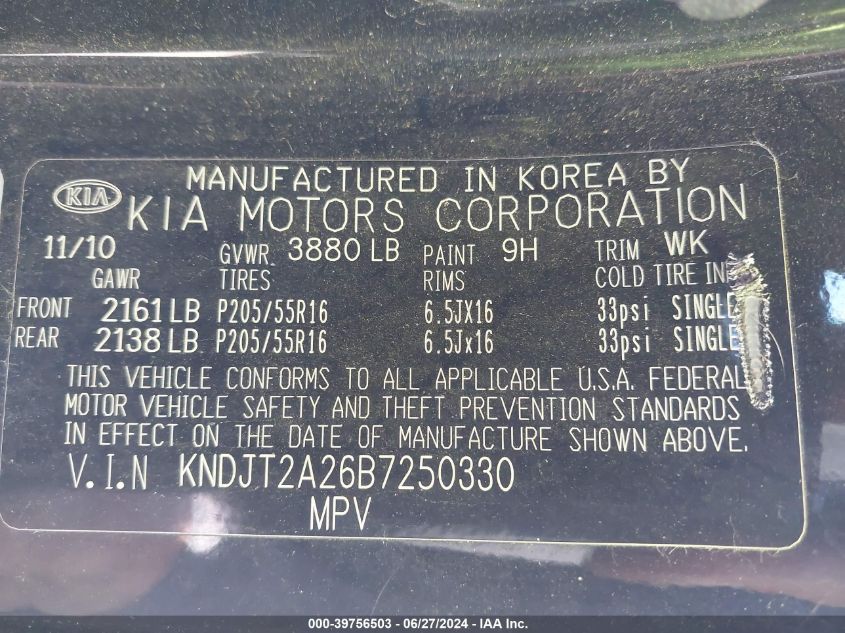 2011 Kia Soul + VIN: KNDJT2A26B7250330 Lot: 39756503