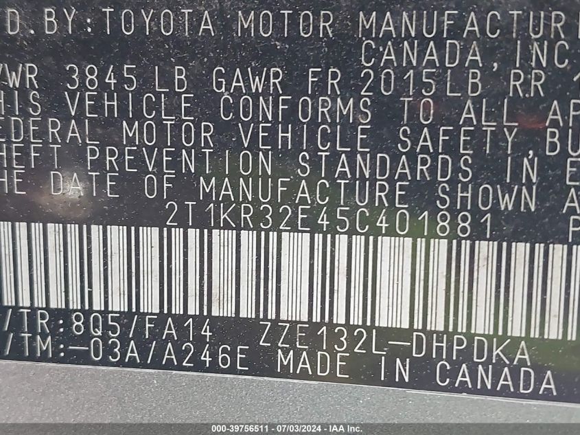 2005 Toyota Matrix VIN: 2T1KR32E45C401881 Lot: 39756511