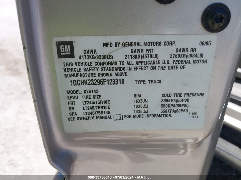 2006 Chevrolet Silverado 2500Hd Lt3 VIN: 1GCHK23296F123310 Lot: 39756513