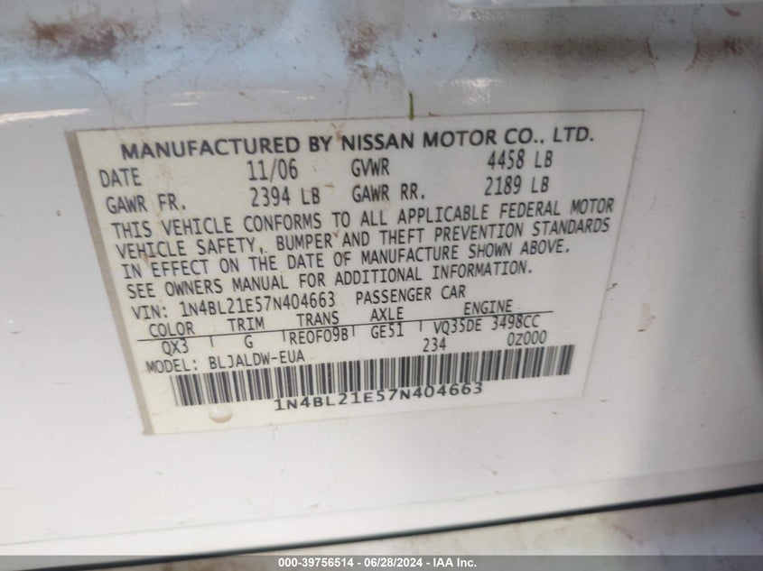 2007 Nissan Altima 3.5 Se VIN: 1N4BL21E57N404663 Lot: 39756514