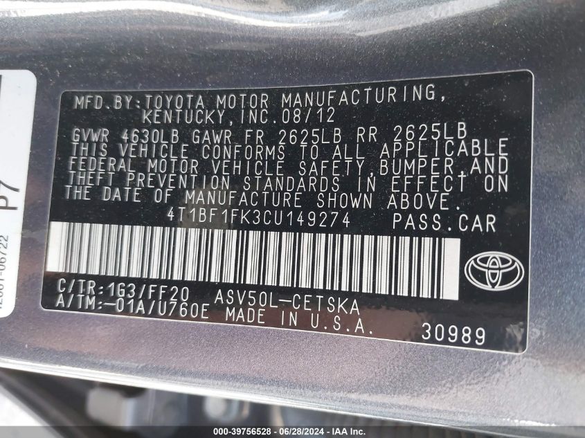 2012 Toyota Camry Se VIN: 4T1BF1FK3CU149274 Lot: 39756528