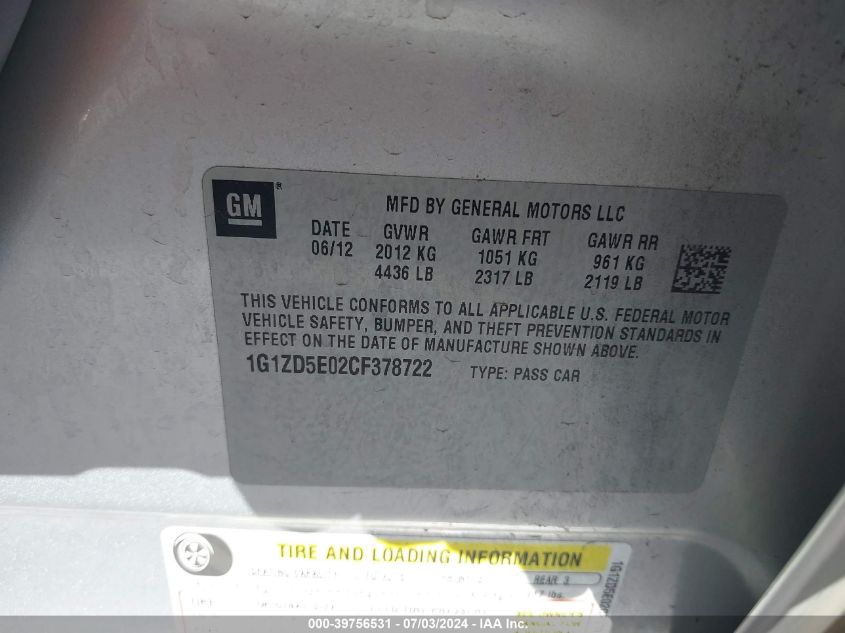 2012 Chevrolet Malibu 2Lt VIN: 1G1ZD5E02CF378722 Lot: 39756531