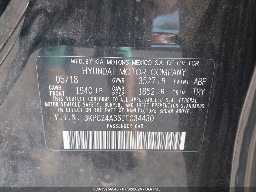 2018 Hyundai Accent Se/Sel VIN: 3KPC24A36JE034430 Lot: 39756548