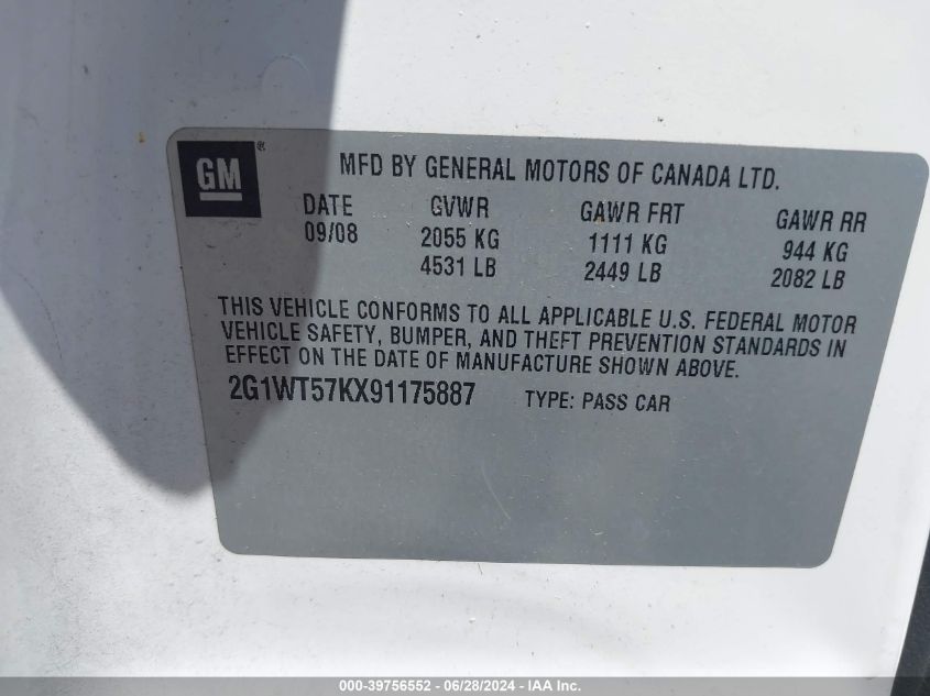 2009 Chevrolet Impala Lt VIN: 2G1WT57KX91175887 Lot: 39756552